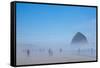Oregon, Cannon Beach. Haystack Rock, beachgoers in fog-Jamie and Judy Wild-Framed Stretched Canvas