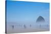 Oregon, Cannon Beach. Haystack Rock, beachgoers in fog-Jamie and Judy Wild-Stretched Canvas