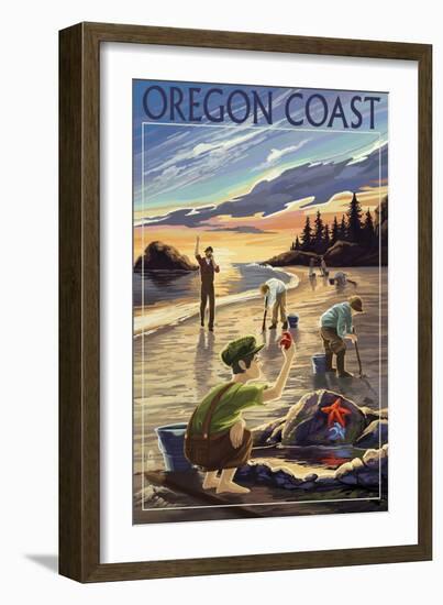 Oregon Coast - Clam Diggers-Lantern Press-Framed Art Print