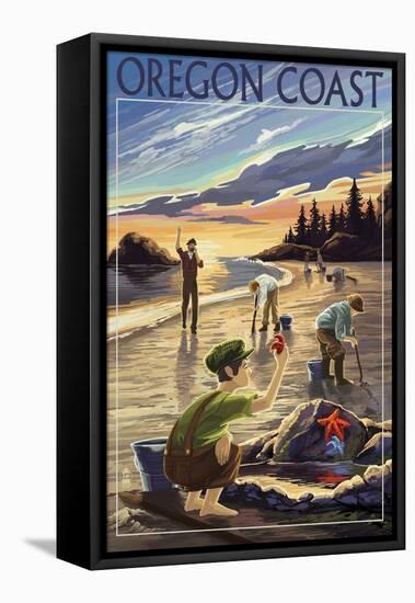 Oregon Coast - Clam Diggers-Lantern Press-Framed Stretched Canvas