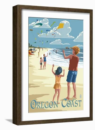 Oregon Coast - Kite Flyers-Lantern Press-Framed Art Print