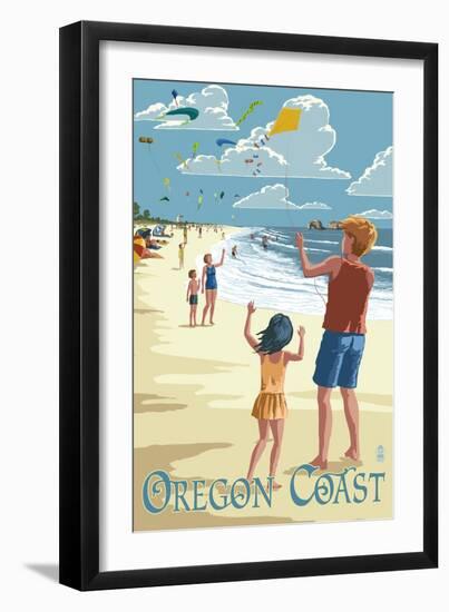 Oregon Coast - Kite Flyers-Lantern Press-Framed Art Print