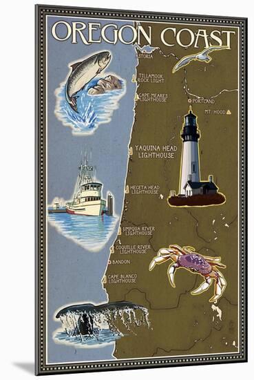 Oregon Coast - Map-Lantern Press-Mounted Art Print