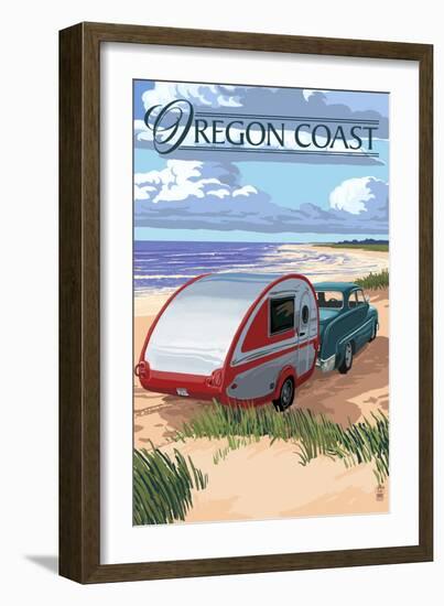 Oregon Coast - Retro Camper on Beach-Lantern Press-Framed Art Print