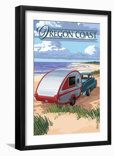 Oregon Coast - Retro Camper on Beach-Lantern Press-Framed Art Print