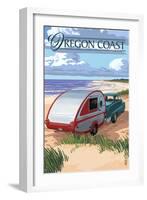 Oregon Coast - Retro Camper on Beach-Lantern Press-Framed Art Print