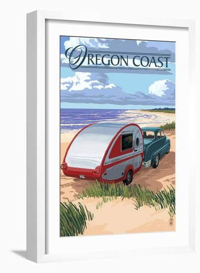 Oregon Coast - Retro Camper on Beach-Lantern Press-Framed Art Print