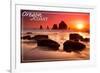 Oregon Coast - Rocks and Sunset-Lantern Press-Framed Art Print