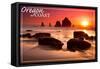 Oregon Coast - Rocks and Sunset-Lantern Press-Framed Stretched Canvas