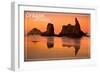 Oregon Coast - Rocky Beach Orange Sunset-Lantern Press-Framed Art Print