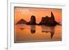 Oregon Coast - Rocky Beach Orange Sunset-Lantern Press-Framed Art Print