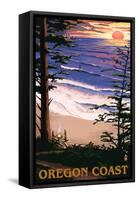 Oregon Coast Sunset Surfers-Lantern Press-Framed Stretched Canvas