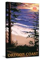 Oregon Coast Sunset Surfers-Lantern Press-Stretched Canvas