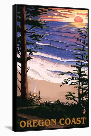 Oregon Coast Sunset Surfers-Lantern Press-Framed Stretched Canvas