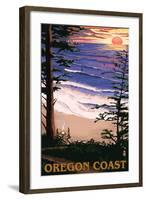 Oregon Coast Sunset Surfers-Lantern Press-Framed Art Print