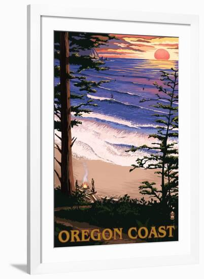 Oregon Coast Sunset Surfers-Lantern Press-Framed Art Print