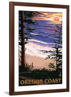 Oregon Coast Sunset Surfers-Lantern Press-Framed Art Print