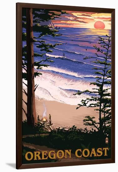 Oregon Coast Sunset Surfers-Lantern Press-Framed Art Print