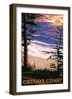 Oregon Coast Sunset Surfers-Lantern Press-Framed Art Print