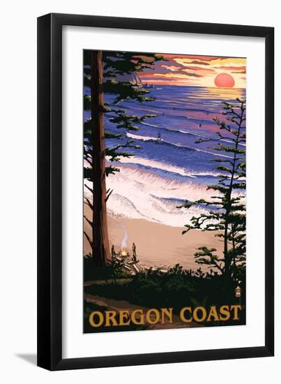 Oregon Coast Sunset Surfers-Lantern Press-Framed Art Print