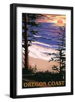 Oregon Coast Sunset Surfers-Lantern Press-Framed Art Print