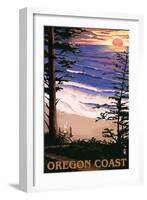 Oregon Coast Sunset Surfers-Lantern Press-Framed Art Print