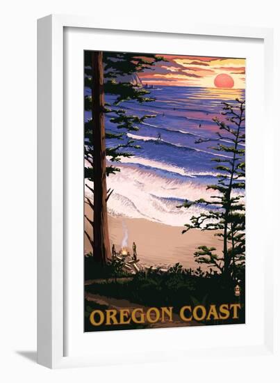 Oregon Coast Sunset Surfers-Lantern Press-Framed Art Print