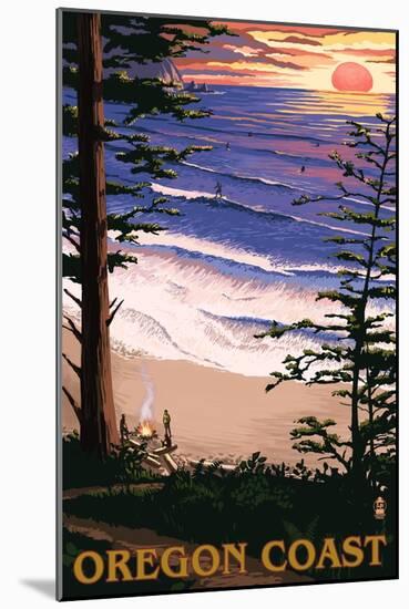 Oregon Coast Sunset Surfers-Lantern Press-Mounted Art Print