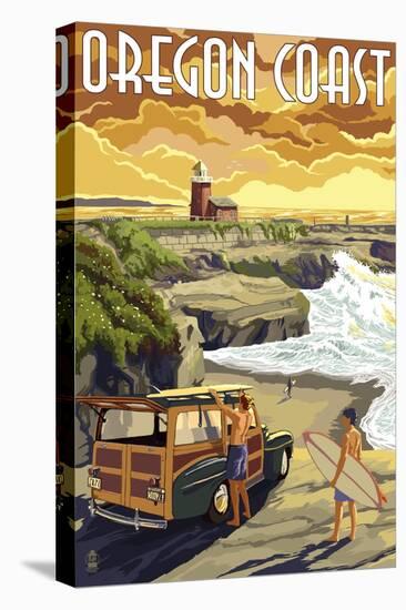 Oregon Coast - Woody and Lighthouse-Lantern Press-Stretched Canvas