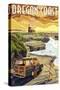 Oregon Coast - Woody and Lighthouse-Lantern Press-Stretched Canvas