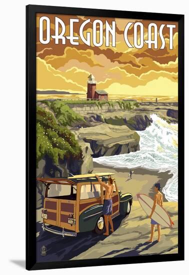 Oregon Coast - Woody and Lighthouse-Lantern Press-Framed Art Print