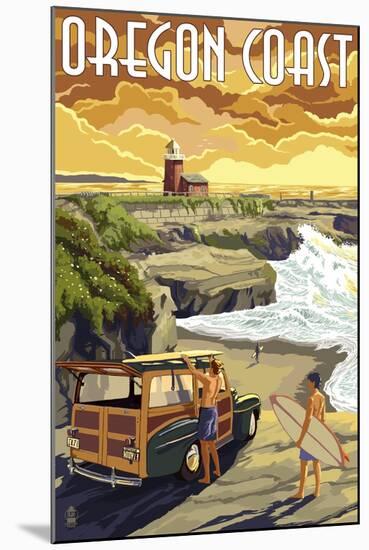Oregon Coast - Woody and Lighthouse-Lantern Press-Mounted Art Print