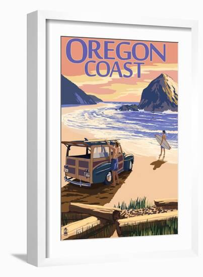 Oregon Coast - Woody on Beach at Sunset-Lantern Press-Framed Art Print