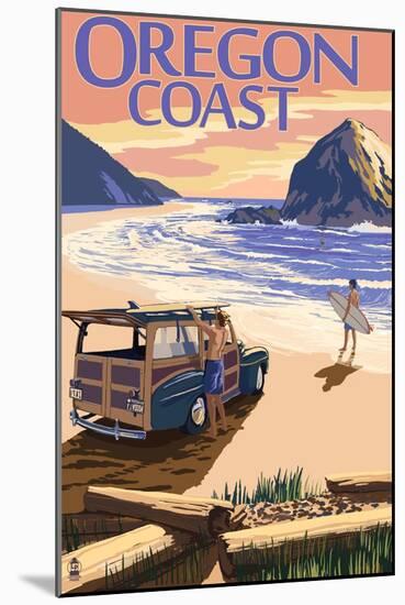 Oregon Coast - Woody on Beach at Sunset-Lantern Press-Mounted Art Print