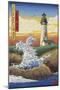 Oregon Coast - Yaquina Head Lighthouse - Woodblock Print-Lantern Press-Mounted Art Print