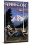 Oregon - Cowboy Camping Night Scene-Lantern Press-Mounted Art Print