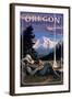 Oregon - Cowboy Camping Night Scene-Lantern Press-Framed Art Print