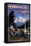 Oregon - Cowboy Camping Night Scene-Lantern Press-Framed Stretched Canvas