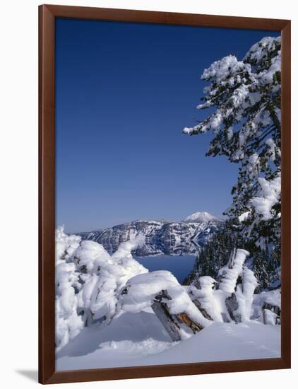 Oregon, Crater Lake National Park. Winter snow accumulates at Crater Lake-John Barger-Framed Photographic Print