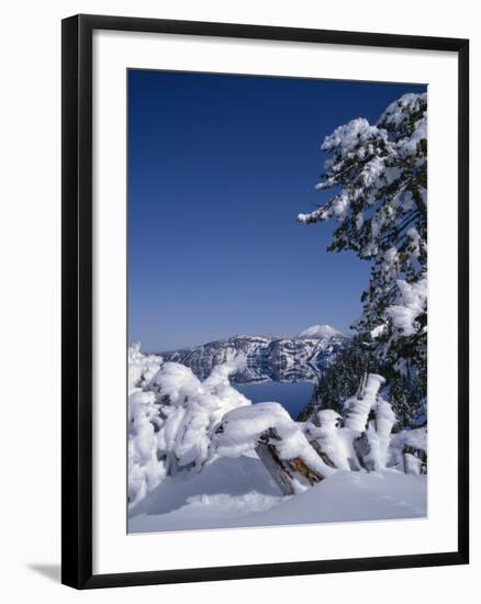 Oregon, Crater Lake National Park. Winter snow accumulates at Crater Lake-John Barger-Framed Premium Photographic Print