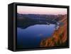 Oregon. Crater Lake NP, sunrise light on Wizard Island, view south from Merriam Point-John Barger-Framed Stretched Canvas