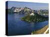 Oregon. Crater Lake NP, sunrise on Crater Lake and Wizard Island with Garfield Peak-John Barger-Stretched Canvas