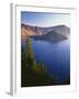 Oregon, Crater Lake NP. Sunrise on west rim of Crater Lake with Wizard Island and distant Llao Rock-John Barger-Framed Photographic Print