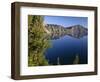 Oregon. Crater Lake NP, whitebark pines frame view south from Palisade Point towards Sentinel Rock-John Barger-Framed Photographic Print