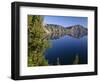 Oregon. Crater Lake NP, whitebark pines frame view south from Palisade Point towards Sentinel Rock-John Barger-Framed Photographic Print