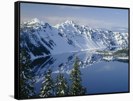 Oregon. Crater Lake NP, winter snow on west rim of Crater Lake with The Watchman and Hillman Peak-John Barger-Framed Stretched Canvas