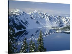 Oregon. Crater Lake NP, winter snow on west rim of Crater Lake with The Watchman and Hillman Peak-John Barger-Stretched Canvas