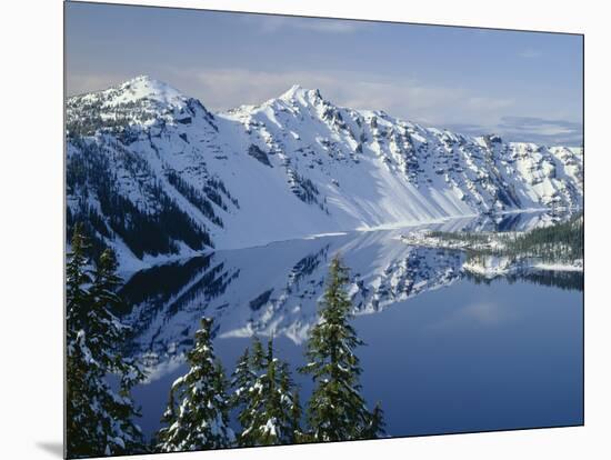 Oregon. Crater Lake NP, winter snow on west rim of Crater Lake with The Watchman and Hillman Peak-John Barger-Mounted Photographic Print