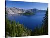 Oregon. Crater Lake NP, Wizard Island and Crater Lake with a grove of mountain hemlock-John Barger-Stretched Canvas