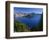 Oregon. Crater Lake NP, Wizard Island and Crater Lake with a grove of mountain hemlock-John Barger-Framed Photographic Print